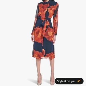 Calvin Klein Navy and Orange Floral Midi Dress
